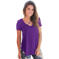 (FREE SHIPPING) Women Solid Criss-Cross V Neck long tee shirt tops - The Next Shopping Place37.com