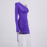 (Free Shipping) New Autumn Purple Dress Women Fashion Single Shoulder Long Sleeve Side Drawstring High Waist Body Dresses Lady Streetwear