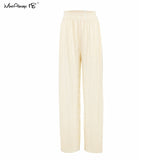 (Free Shipping) Beige Pleated Wide Leg Pants Womens Pants Fashion Casual Loose Trousers Office Lady Elegant Long Palazzo Pants