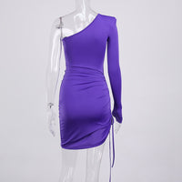 (Free Shipping) New Autumn Purple Dress Women Fashion Single Shoulder Long Sleeve Side Drawstring High Waist Body Dresses Lady Streetwear