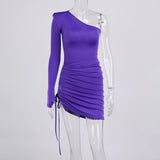 (Free Shipping) New Autumn Purple Dress Women Fashion Single Shoulder Long Sleeve Side Drawstring High Waist Body Dresses Lady Streetwear