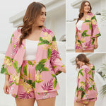 (Free Shipping) women Plus Size Set Fashion Casual Cardigan Top+Wide-leg High-waist Shorts Two-piece Printed Suit Ladies 2pcs Pink Set - The Next Shopping Place37.com