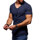 (Free Shipping)  New men's V-neck T-shirt fitness bodybuilding T-shirt high street summer short-sleeved zipper casual cotton top - The Next Shopping Place37.com