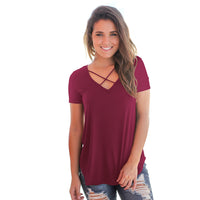 (FREE SHIPPING) Women Solid Criss-Cross V Neck long tee shirt tops - The Next Shopping Place37.com