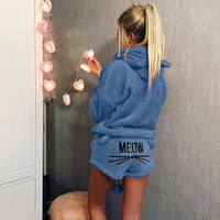 ( Free Shipping) Women Coral Velvet Suit Two Piece Autumn Winter Pajamas Warm Sleepwear Cute Cat Meow Pattern Hoodies Shorts Set - The Next Shopping Place37.com