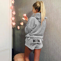 ( Free Shipping) Women Coral Velvet Suit Two Piece Autumn Winter Pajamas Warm Sleepwear Cute Cat Meow Pattern Hoodies Shorts Set - The Next Shopping Place37.com
